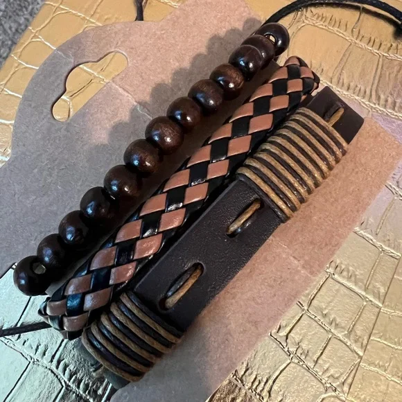 Men's Brown and Black Bracelet Set 3 pc - Picture 4 of 4